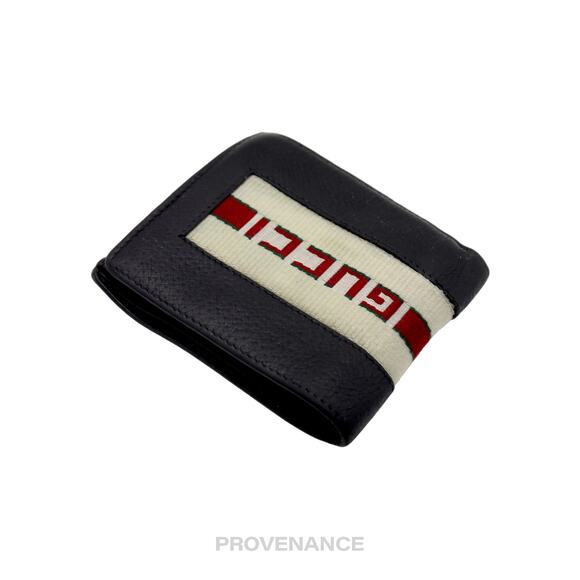 🔴 Gucci Logo Stripe Web Bifold Wallet - Black Leather - Picture 5 of 10